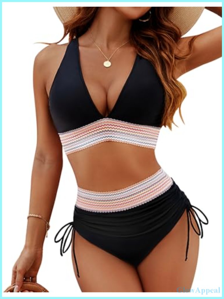 High Waisted Tummy Control Bikini Set Color Block Two Piece Bathing Suit